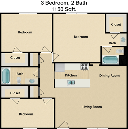 1,150 sq ft floorplan layout