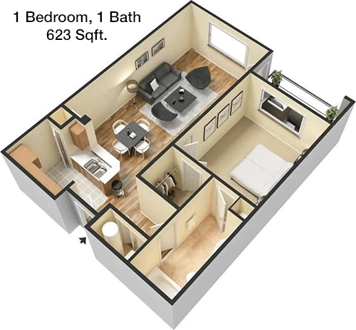 623 sq ft floorplan layout