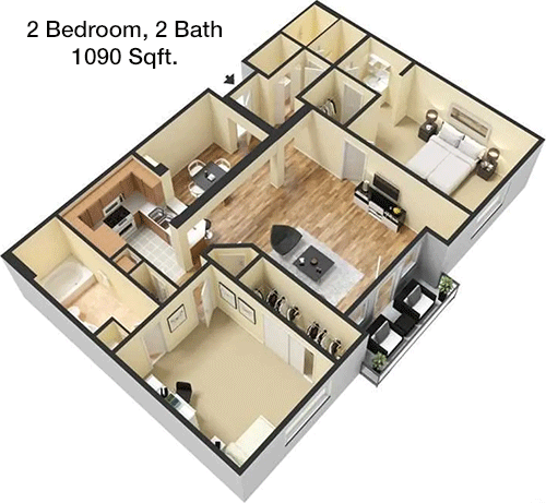 1,090 sq ft floorplan layout