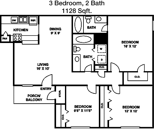 1,128 sq ft floorplan layout