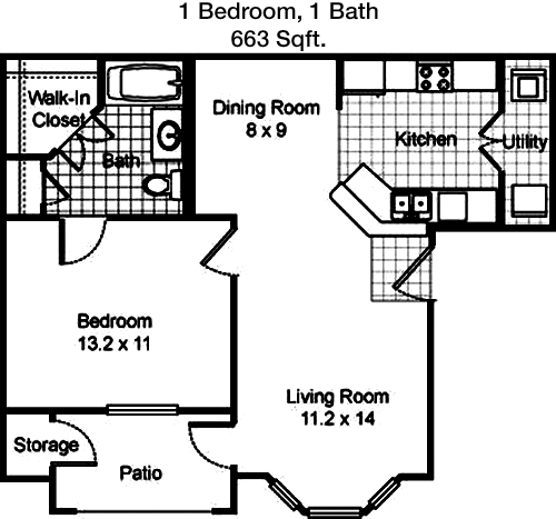 663 sq ft floorplan layout
