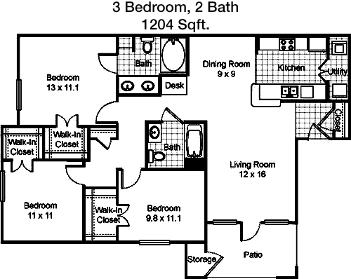 1,204 sq ft floorplan layout