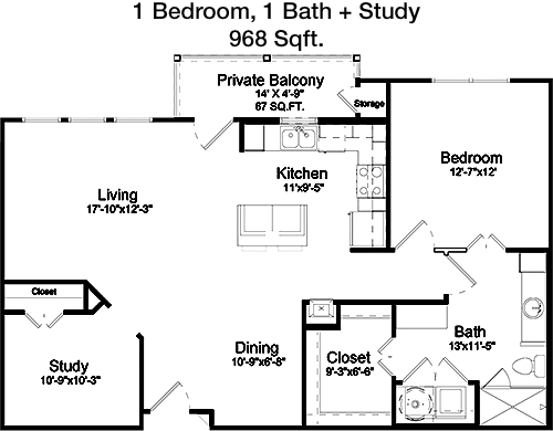 968 sq ft floorplan layout