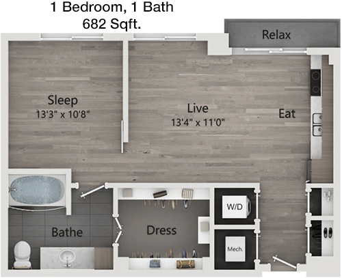 682 sq ft floorplan layout