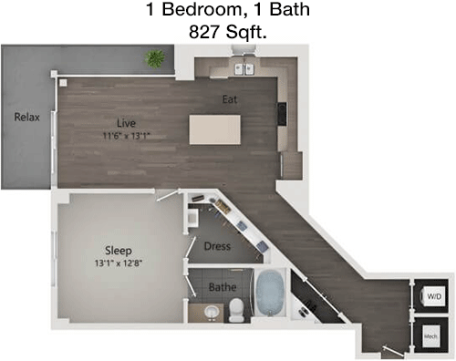827 sq ft floorplan layout