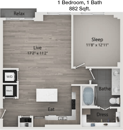 882 sq ft floorplan layout