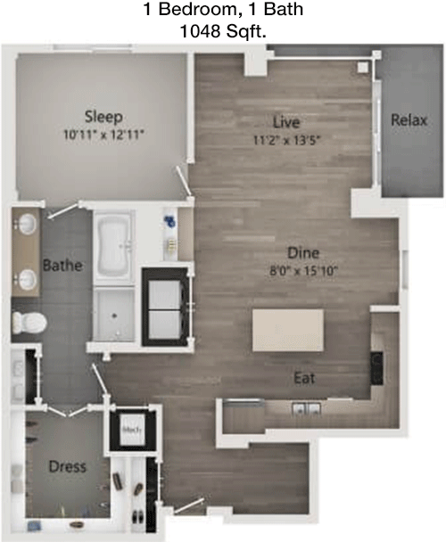 1,048 sq ft floorplan layout
