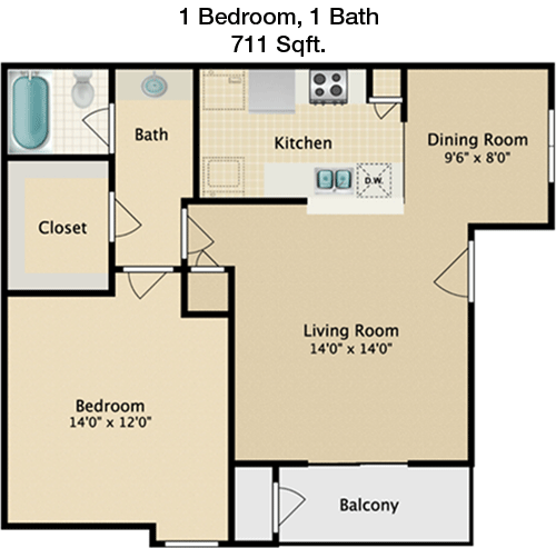 711 sq ft floorplan layout