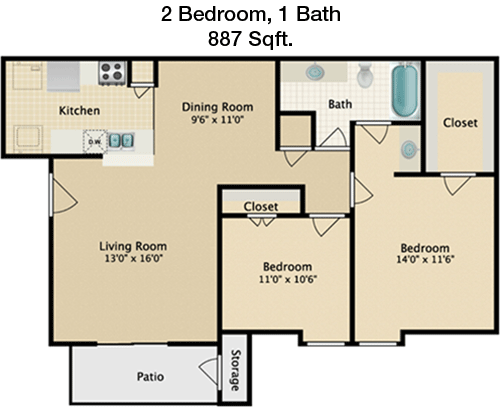 887 sq ft floorplan layout