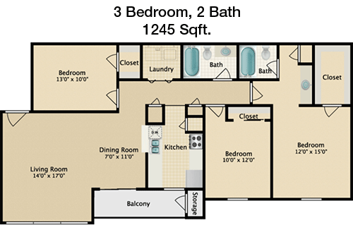 1,245 sq ft floorplan layout