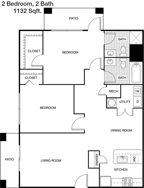 1,132 sq ft floorplan layout