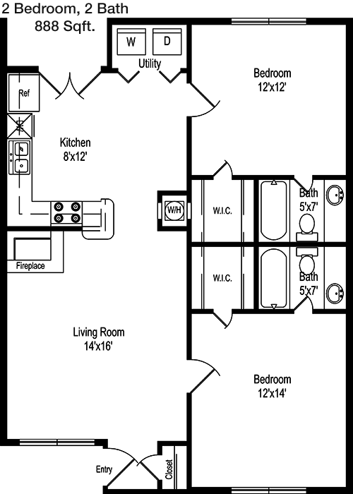 888 sq ft floorplan layout