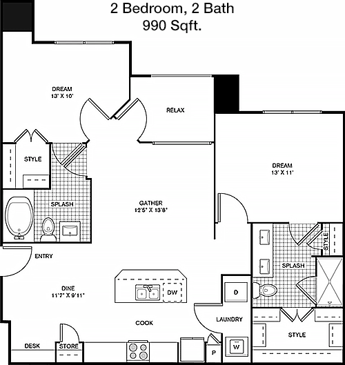 990 sq ft floorplan layout