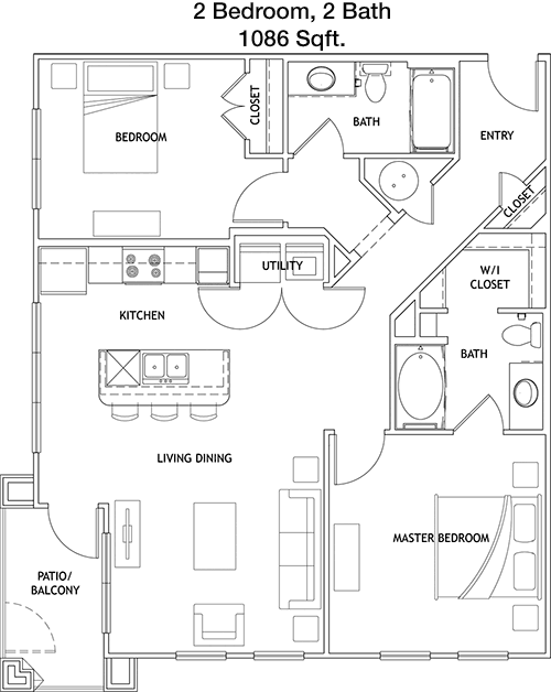 1,086 sq ft floorplan layout