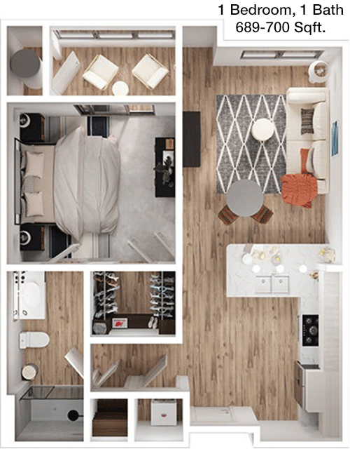 689 sq ft floorplan layout