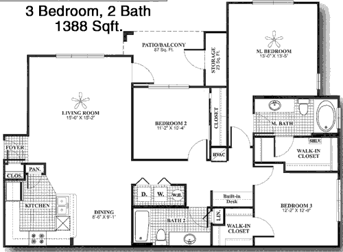 1,388 sq ft floorplan layout