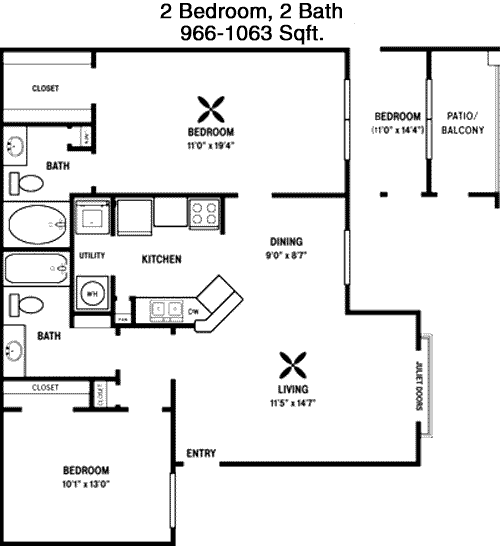 966 sq ft floorplan layout