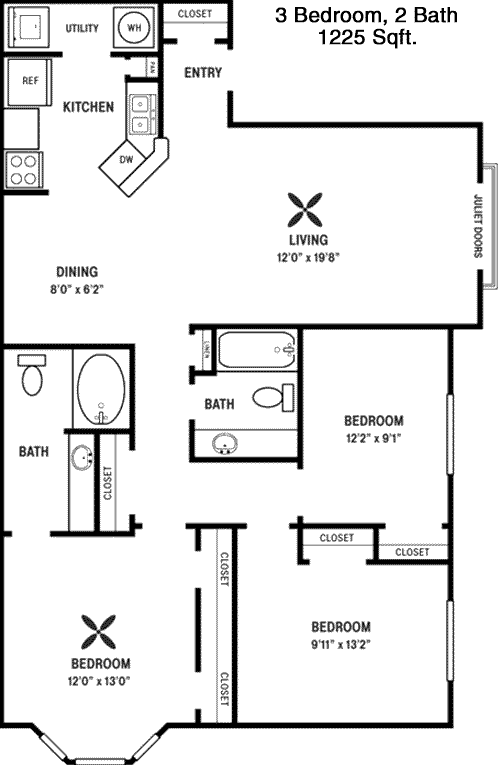 1,225 sq ft floorplan layout