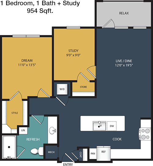 954 sq ft floorplan layout