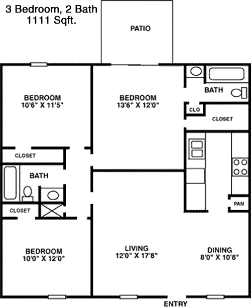 1,111 sq ft floorplan layout