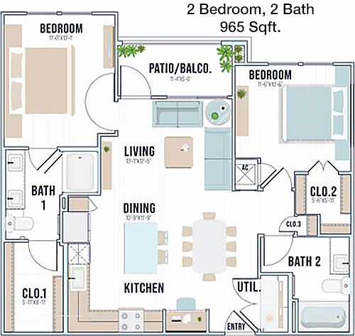 965 sq ft floorplan layout