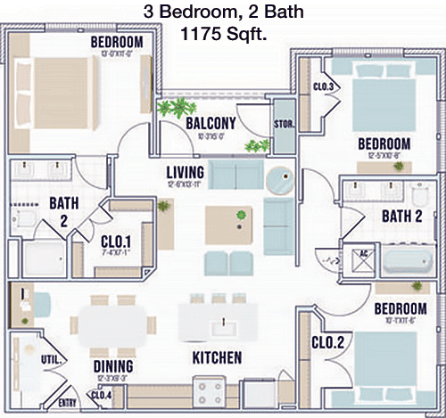1,175 sq ft floorplan layout