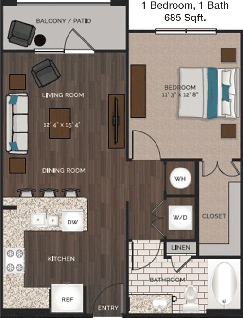 685 sq ft floorplan layout