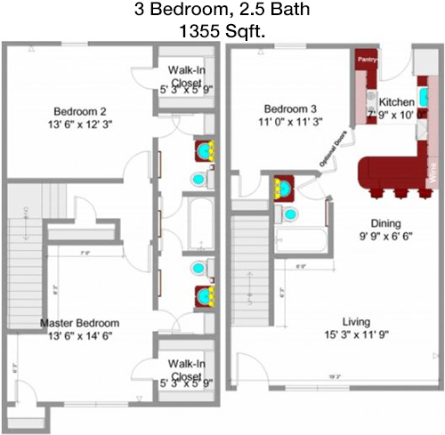 1,355 sq ft floorplan layout