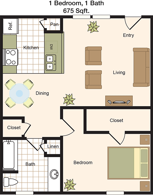 675 sq ft floorplan layout