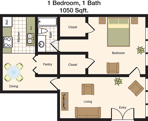 1,050 sq ft floorplan layout