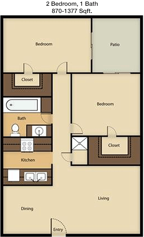 2BR,1BTH floorplan layout
