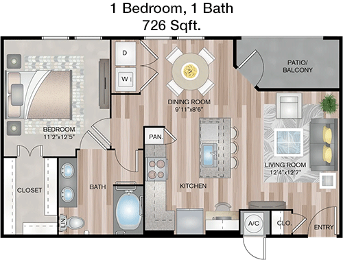 726 sq ft floorplan layout