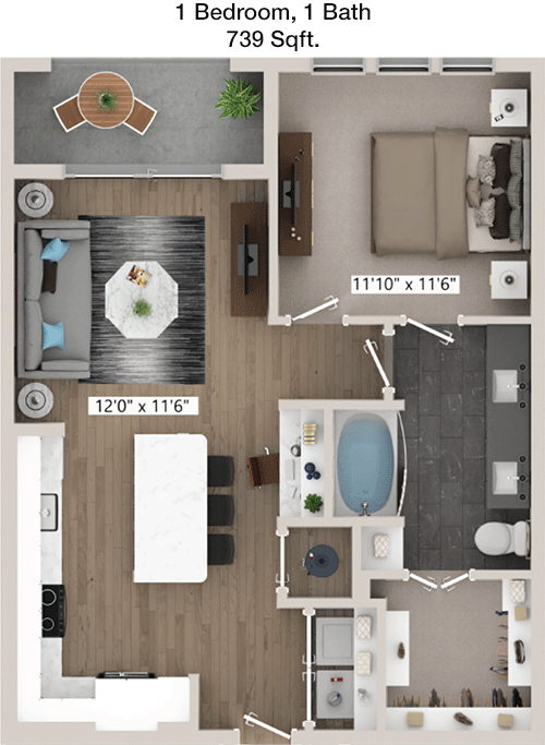 739 sq ft floorplan layout
