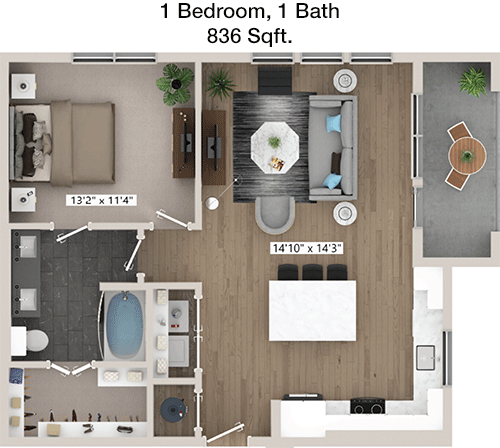 836 sq ft floorplan layout