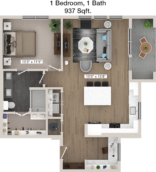 937 sq ft floorplan layout