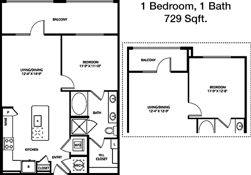 729 sq ft floorplan layout