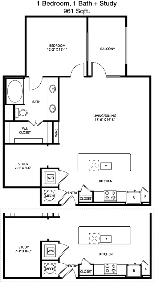 961 sq ft floorplan layout