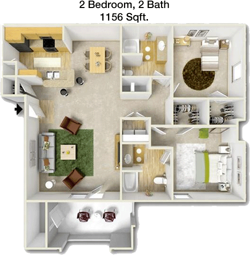 1,156 sq ft floorplan layout