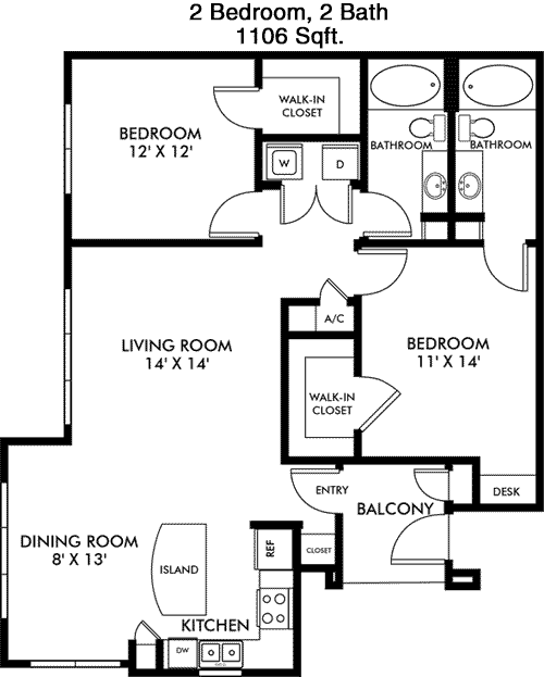 1,106 sq ft floorplan layout