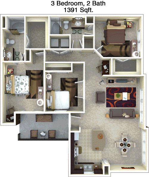 1,391 sq ft floorplan layout