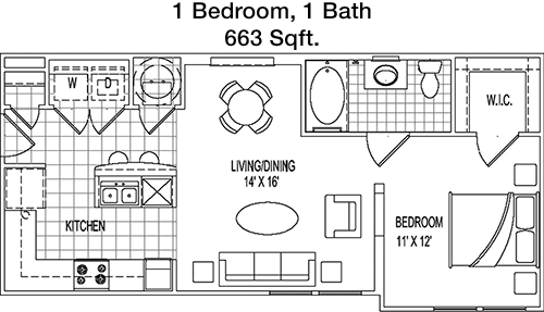 663 sq ft floorplan layout