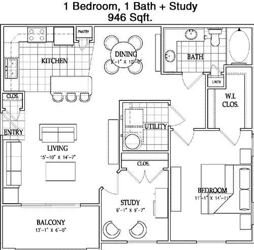 946 sq ft floorplan layout