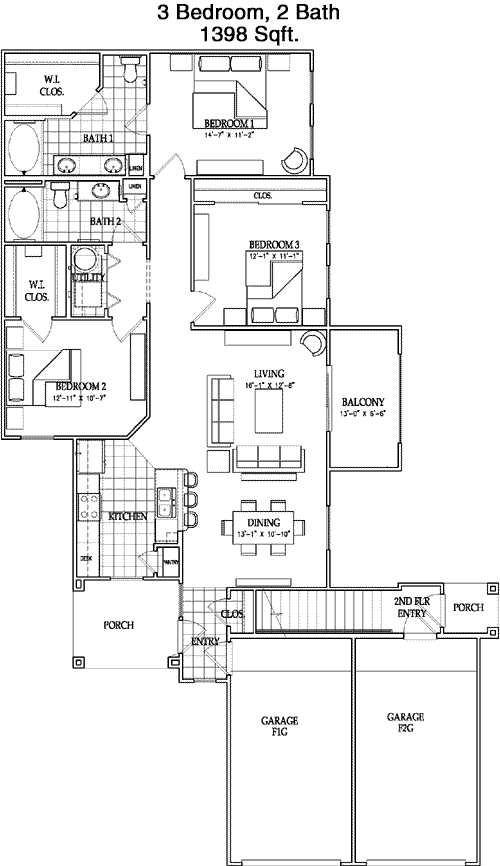 1,398 sq ft floorplan layout