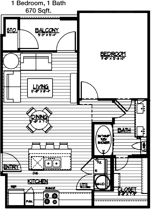670 sq ft floorplan layout