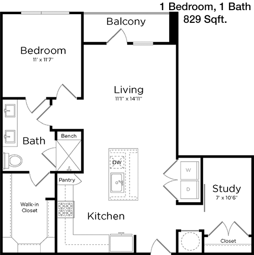 829 sq ft floorplan layout