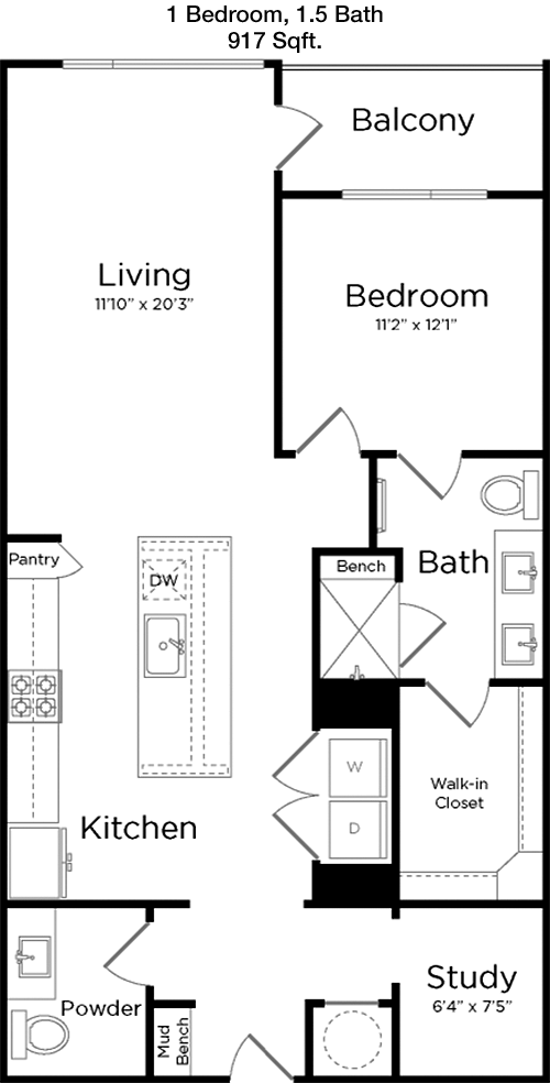 917 sq ft floorplan layout