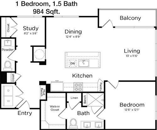 984 sq ft floorplan layout