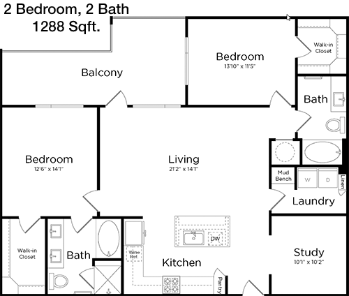 1,288 sq ft floorplan layout