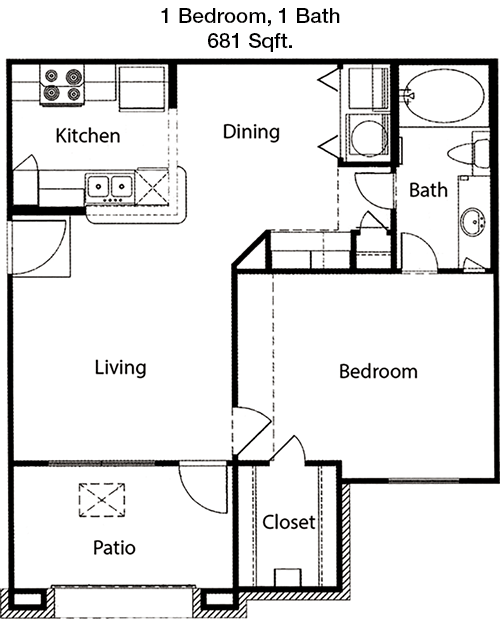 681 sq ft floorplan layout