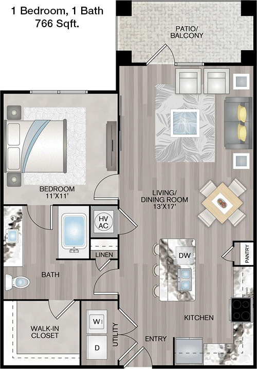766 sq ft floorplan layout